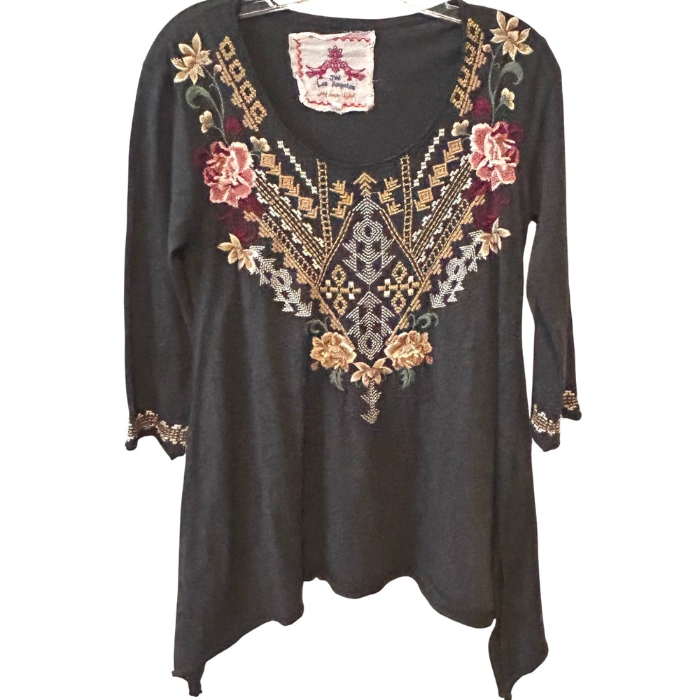 Johnny Was Women's Grey Cement Charlotte Peasant Blouse in Size XS